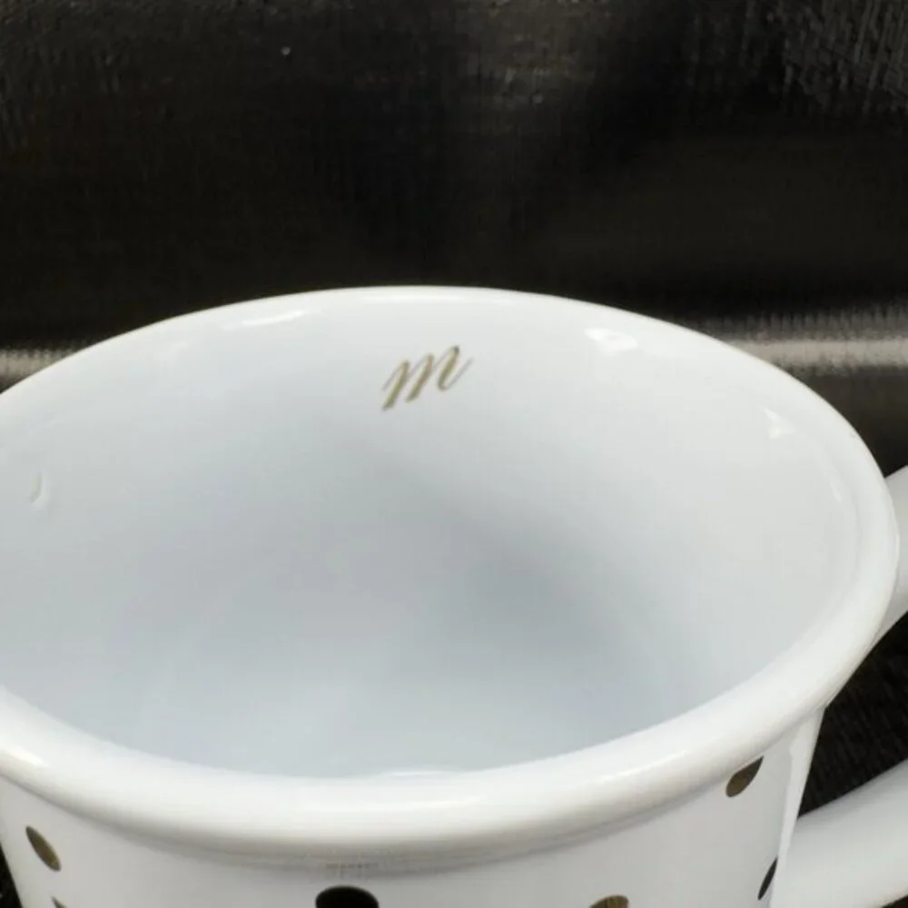 Pier 1 Imports Stoneware‎ Coffee Mug Cup Monogram Letter M White Gold Dots Mug